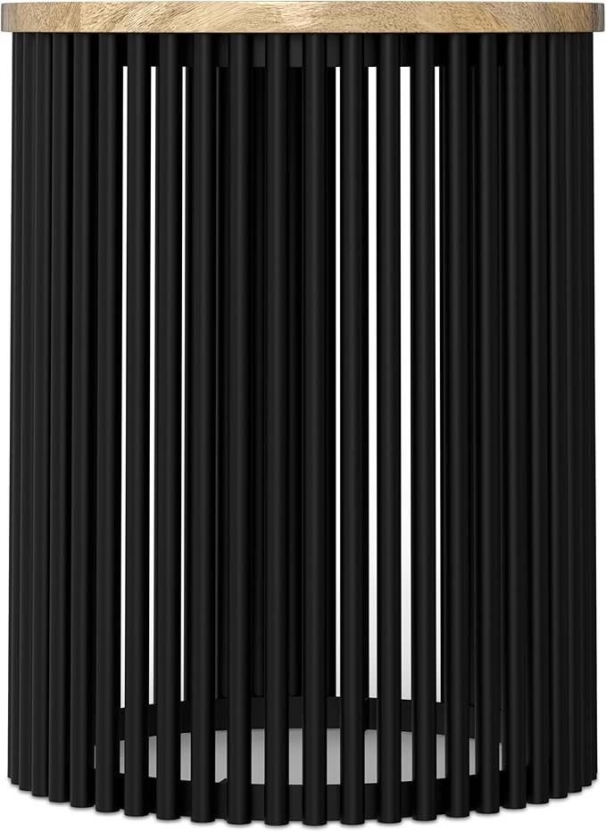 SIMPLIHOME Demy 20 inch Wide Tall Side Table in Natural Solid Mango Wood/Black Metal, Slim Round Accent Table for Living Room, Bedroom, or Entryway, Industrial Style Assembled