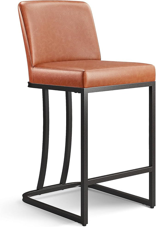 PHI VILLA Brown Bar Stools with Back - Counter Height, Modern Leather, Kitchen Island Chair, 24 inch