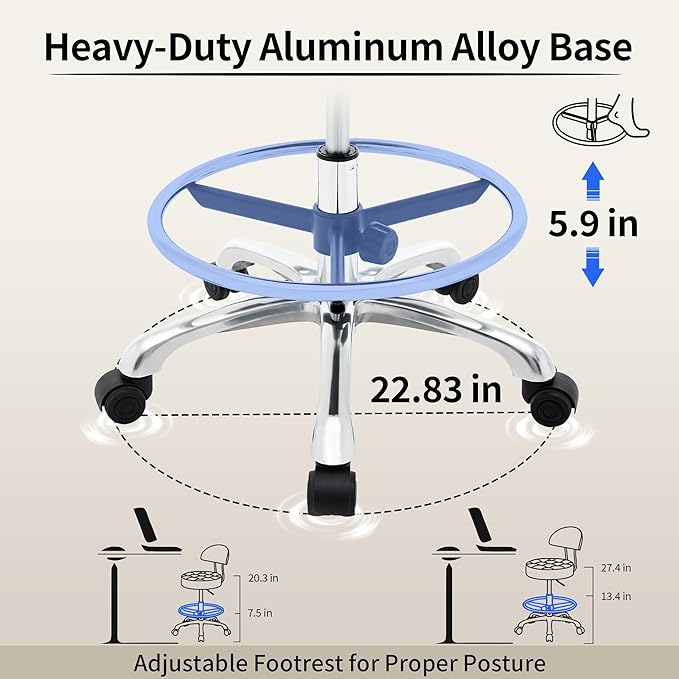 Tattoo Chair for Artist (Ergonomic Backrest and Footrest) (Quiet Wheels and Aluminum Base) Swivel Shop Stool (Gray)