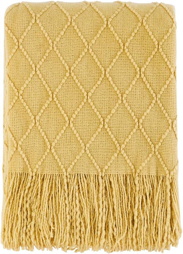 BOURINA Mustard Throw Blanket 60x80 Inches Throw Textured Solid Soft Sofa Throw Couch Knitted Decorative Blanket