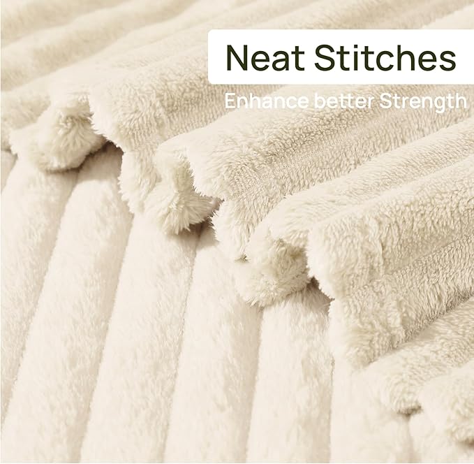 Geniospin Fleece Throw Blanket, 280GSM Extra Soft Lightweight Blanket with Strip, Plush Fuzzy Cozy Blankets and Throws for Couch, Bed, Sofa Cozy, Warm and Breathable (Ivory, 50x60 inches)