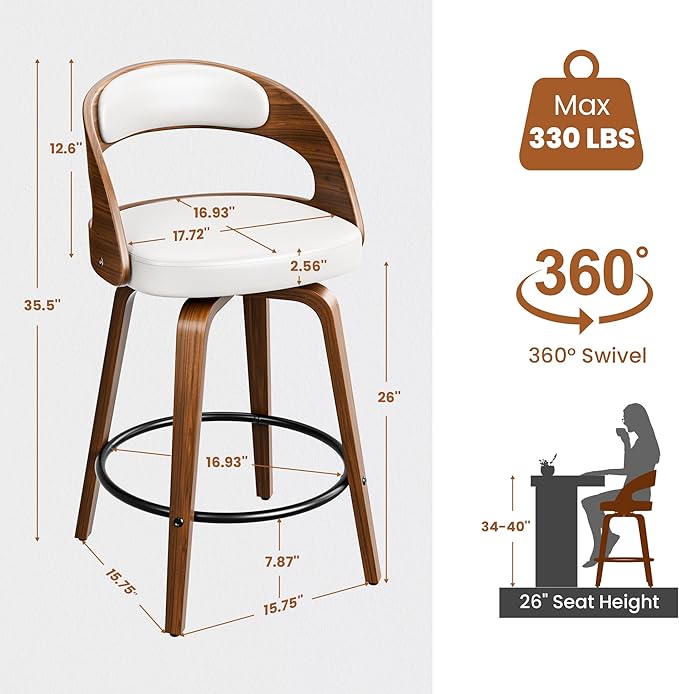 Swivel Bar Stools Set of 2, 26" Counter Height Bar Stools with Bentwood Legs and Back, Mid Century Modern Faux Leather Upholstered Bar Chairs for Kitchen Island, White