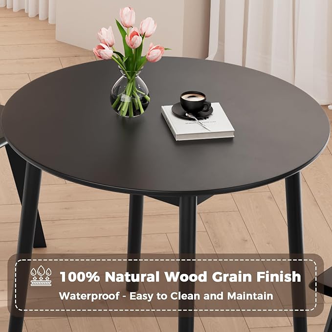 DELAVIN 31.5" Solid Wood Round Dining Table for 4, Mid Century Small Kitchen Table for 2-4, Modern Office Table for Living Room, Dining Room, Dinette, Easy Assembly, Space Saving, Black