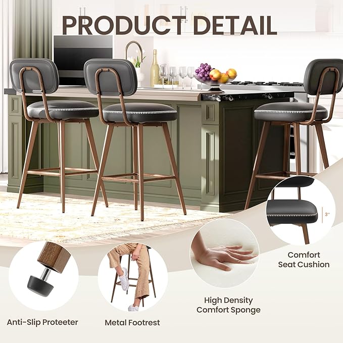 PU Leather Swivel Bar Stools Set of 2, Mid Century Counter Height Bar Chairs with Low Back and Metal Legs, Modern Bar Stool Chair for Kitchen Island, Black