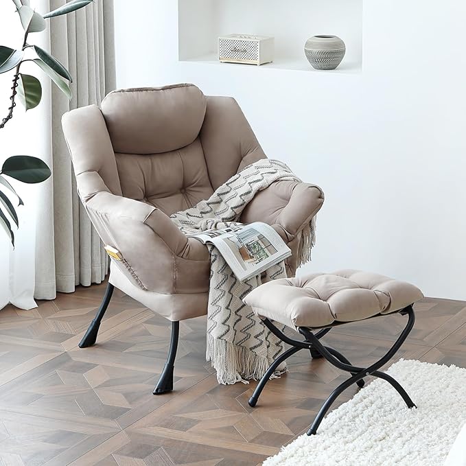 Welnow Lazy Chair with Ottoman, Modern Reading Lounge Accent Chair with Armrests and a Side Pocket, Leisure Upholstered Lazy Sofa Set with Footrest for Small Space, Khaki