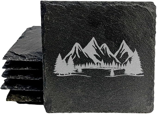 Mountain Majesty Slate Coasters with Stunning Mountain Scene Design - Perfect for Home and Office Decor and Protection of Surfaces, Available in Square or Round Coasters - Square Slate - Set of 8