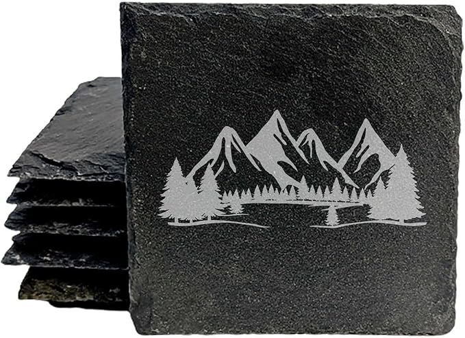 Mountain Majesty Slate Coasters with Stunning Mountain Scene Design - Perfect for Home and Office Decor and Protection of Surfaces, Available in Square or Round Coasters - Square Slate - Set of 4