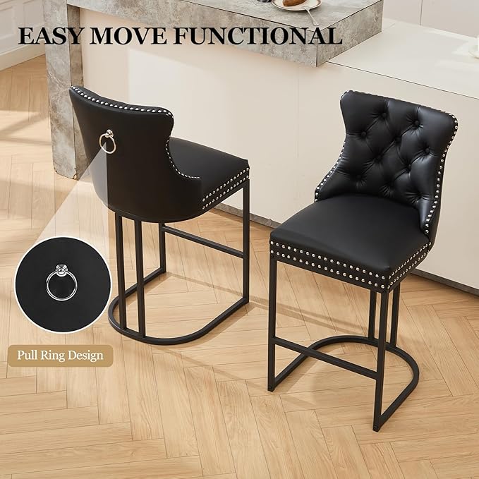 UVV Counter Height Bar Stools Set of 1, 26" Modern Barstools with Back, Faux Leather Upholstery Counter Chairs with Metal Legs for Kitchen Island, Bar, Counter, Black