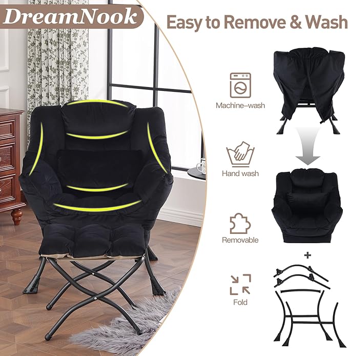 Lazy Chair with Ottoman, Modern Accent Chair with Lumbar Pillow, Comfy Chairs with Folding Footrest for Bedroom, Reading, Oversized Supportive Lounge Chairs(Velvet Black)