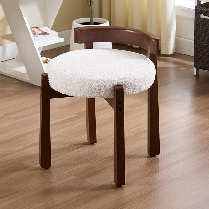 LukeAlon Cute Sherpa Upholstered Vanity Stool, Round Comfy Boucle Makeup Stool with Wooden Legs Small Ottoman Chair Modern Padded Seat Foot Rest for Makeup Room Cloakroom Bedroom, White
