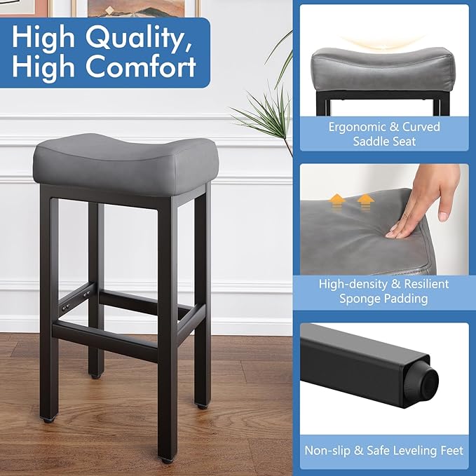 29 Inch Bar Height Bar Stools Set of 2, 29" Barstools for Kitchen Island Counter, Backless Bonded Leather Bar Height Stools with Thick Saddle Seats & Heavy Duty Metal Base, Easy Assembly, Gray/Black