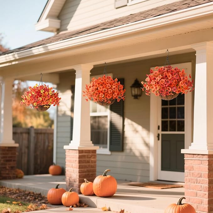 INQCMY Artificial Fall Flowers for Outdoor, 12 Bundles Faux Pansy Fake Mums Flowers Plants Outdoor Fall Decor, UV Resistant No Fade Silk Flower for Porch Planter Patio Yard Garden(Orange Autumn Red)