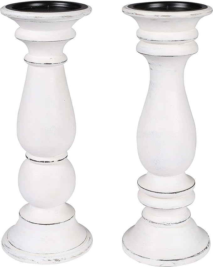 Set of 2 Tall Wooden Candle Holders (12"x4.5") in Rustic Antique White Finish. Perfect for Farmhouse Decor, Mantle, or Table Centerpiece. Holds Pillar Candles. Stylish, Sturdy, and Timeless Charm