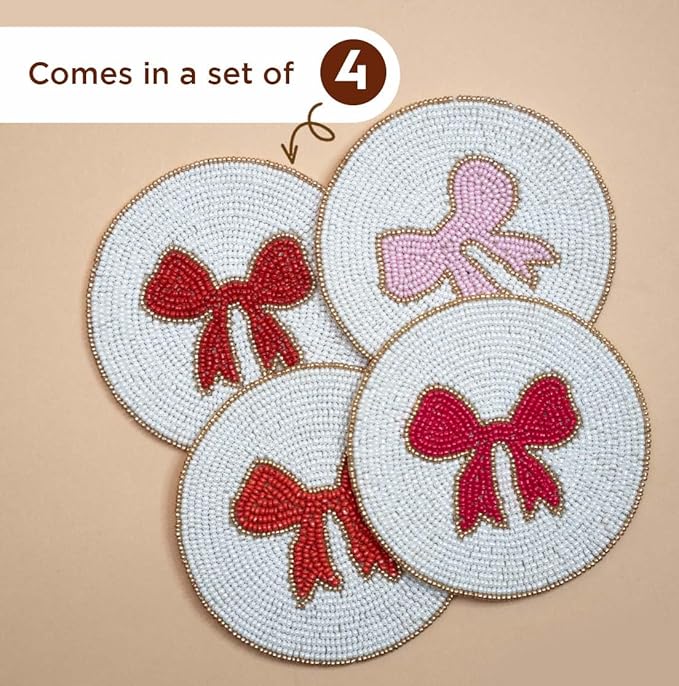 Folkulture Beaded Coasters for Drinks | Set of 4 (4") Round Decorative Bar Coasters for Table Décorations or Coffee Table | Cute Boho Coaster Gifts for her Set of 4