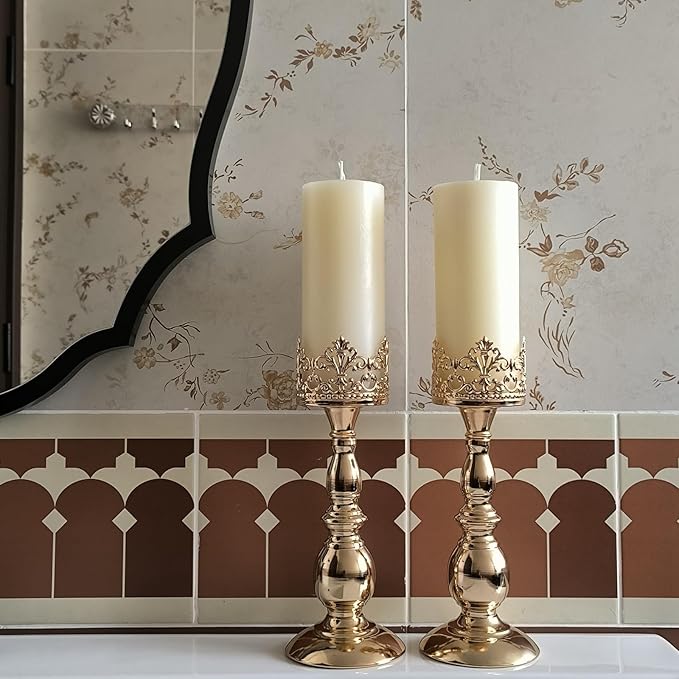 Candle Holders for Pillar Candles Gothic Matte Black Vintage Tall Candle Holders Set of 2 Decorative Large Table Centerpieces Candle Stand Decor (Gold 2PCS A)