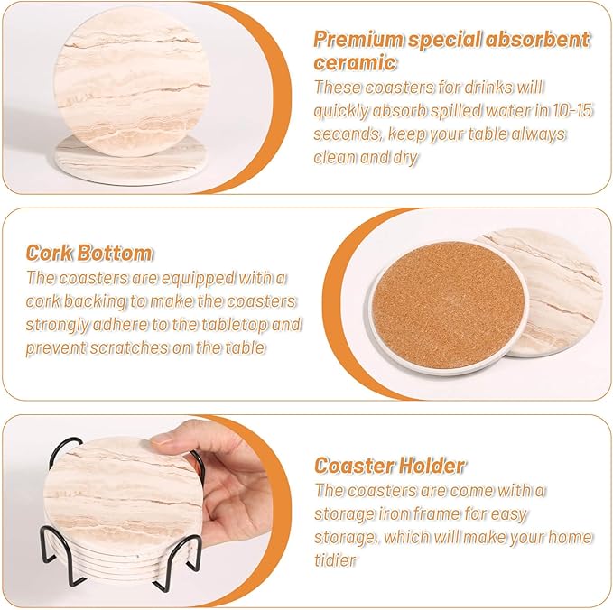 Acejoz Drink Coasters Set of 6, Absorbent Coaster for Coffee Table Decor, Marble Style Ceramic Coaster for Home Decor, 4 Inches