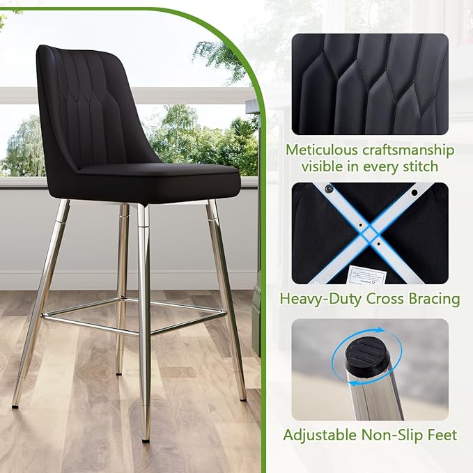 27" Bar Stools Set of 4 - Black Counter Height Bar Stools Set of 4,Faux Leather Kitchen Island Stools with Sturdy Chrome Metal Leg,Counter Height Stools with Backs,Easy to Assemble