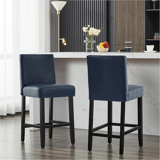 26'' Faux Leather Bar Stools Set of 2, Modern Upholstered Bar Chairs with Back, Soild Wood Legs Barstools for Kitchen Island, Blue