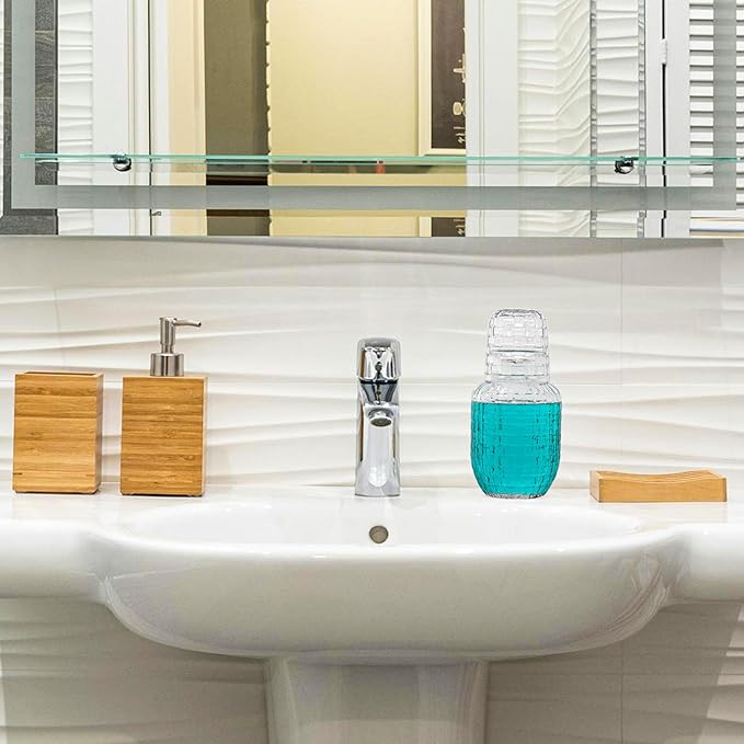 Bedside Water Carafe and Glass Set for Bedroom Nightstand, Bedside, Ticked Glass Mouthwash Decanter for Bathroom, Water Pitcher Set 18.5 oz (Knitted Pattern)