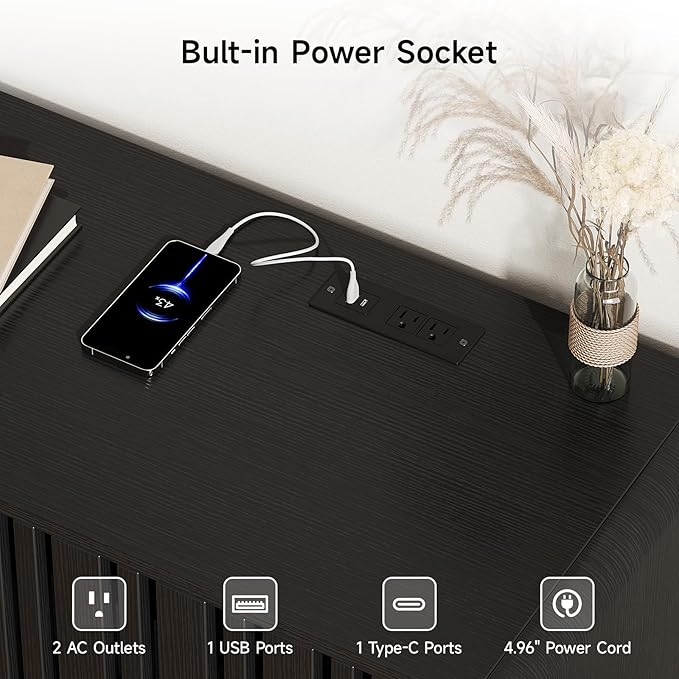 ONBRILL 63-Inch TV Stand for TVs up to 75 Inch, Mid-Century Modern Television Stand with Power Outlet， Entertainment Center with Sliding Grille Door Cabinets and Open Shelves for Living Room, Black