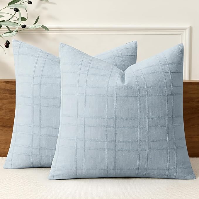 MIULEE Decorative Linen Check Throw Pillow Covers Neutral Farmhouse Vintage Pillow Covers 18x18 Set of 2 Boho Modern Home Decor for Sofa Couch Bedroom Cushion Coastal Blue