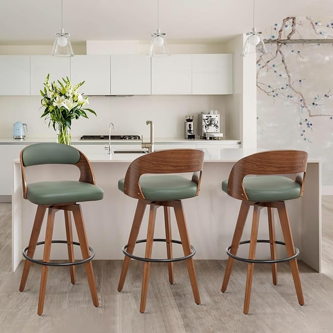 Barstools Set of 3,Counter Height Bar Stools for Kitchen Island,26.8 Inch Modern Upholstered Bar Chair, Swivel Counter Stools with Back and Wood Legs (Green-PU)