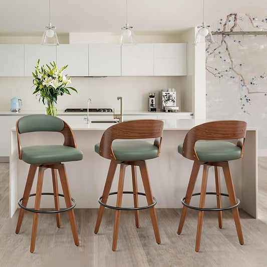 Barstools Set of 3,Counter Height Bar Stools for Kitchen Island,26.8 Inch Modern Upholstered Bar Chair, Swivel Counter Stools with Back and Wood Legs (Green-PU)