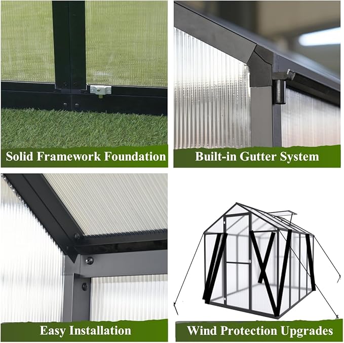 10 * 12 * 8.7FT Greenhouse for Outdoors,Polycarbonate Greenhouse with Stronger Wind Protection and Roof Vent,Walk-in Large Aluminum Sunroom Winter Proof,Black