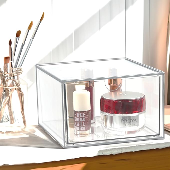 Clear Drawer, Arclic Box, Makeup Organizer Container, 6,5" Storage Drawer for Bathroom Dresser Vainty, Tissue Dryer Sheet Holder Disposable Face Towels Organizer, Light Gray