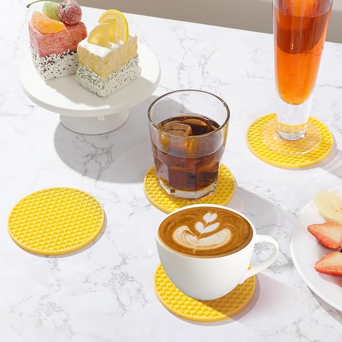 Silicone Coaster Set of 12 with Holder, Drinks Coasters, Beer & Coffee, Suitable for All Cups, Hot or Cold, Anti-Slip, Non-Stick, Anti-Overflow Tabletop Protection and Decor (12 Pcs, Yellow)