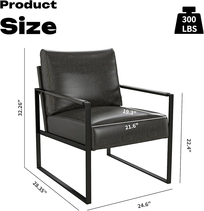 Phoenix Home PU Leather Accent Chair, Leisure Metal Framed Armchair with Extra Soft Padded and Cushion, 105 Degree Slant Back, Modern Reading Arm Chair for Living Room/Office/Bedroom, Black