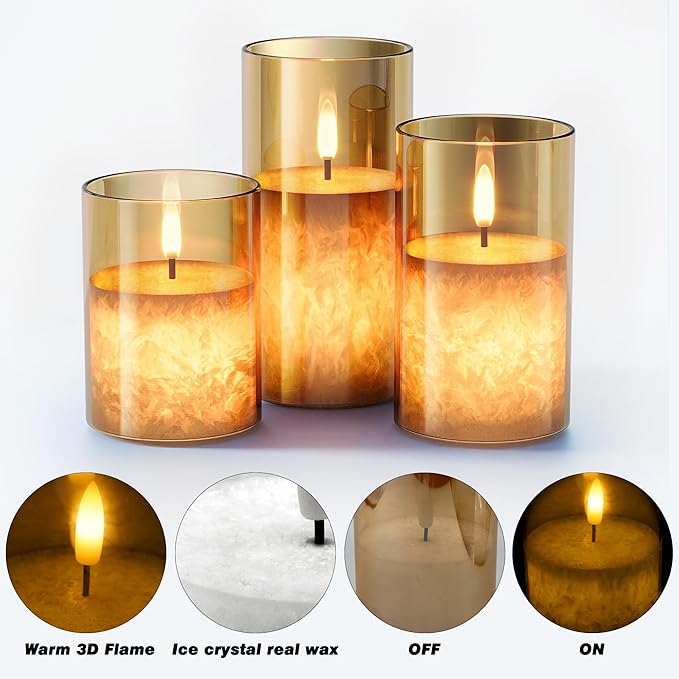 Ice Crystal Real Wax Glass Flameless Candles with Remote & Timer, Battery Operated Candles with Warm Flickering Flame, Realistic LED Candle for Wedding Home Decor [D3×H4/5"/6"] Gold, 3Pack