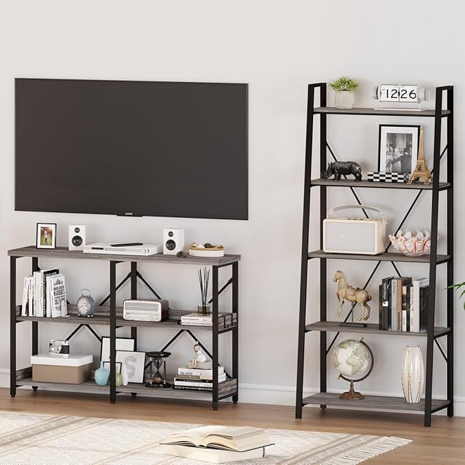 BON AUGURE Entry Table, 47 Inch Console Tables for Entryway, Narrow Couch Table Behind Sofa for Living Room, Wood 3 Tier Shelves Organization Tables for Foyer, Hallway (Dark Grey Oak)