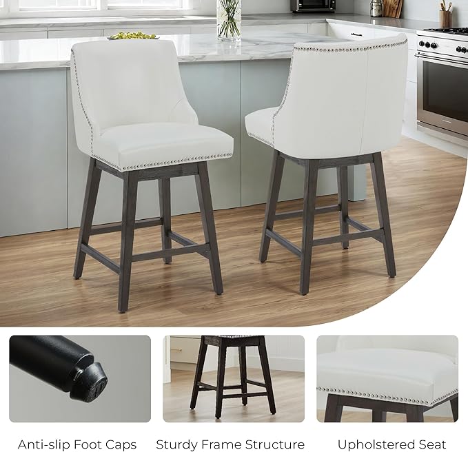 CHITA Counter Height Swivel Bar Stools, FSC Certified Upholstered Counter Stools, Modern Swivel Barstools with Wood Legs for Kitchen Island, 26" Seat Height, Faux Leather in White