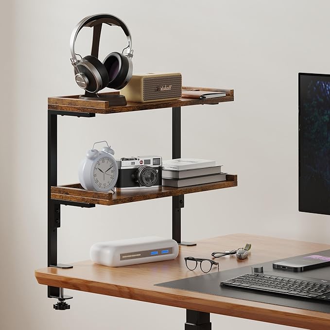 Clamp On Desk Shelf 2-Tier, 16.5 in Wood Shelving Unit for Office Desk/Gaming Accessories, Tabletop Book Storage Rack, Shelf for Top of Desk, Brown