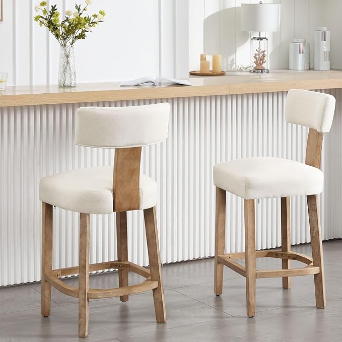Linen Bar Stools Set of 2, Upholstered 27.7'' Counter Height Barstools with Curved Back, Farmhouse Wood Bar Chairs for Breakfast, Kitchen Island, Cafe, Beige