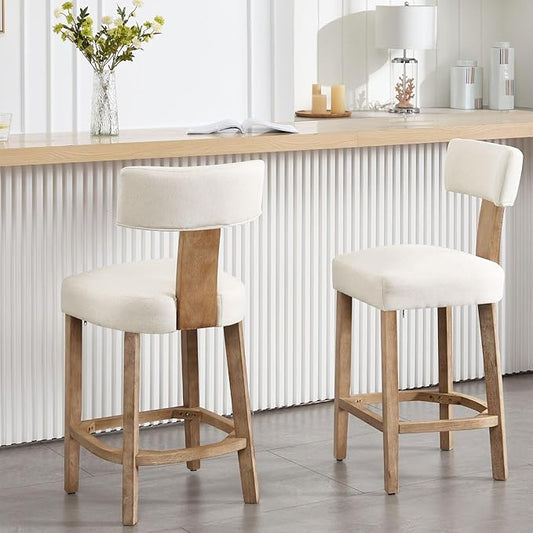Linen Bar Stools Set of 2, Upholstered 27.7'' Counter Height Barstools with Curved Back, Farmhouse Wood Bar Chairs for Breakfast, Kitchen Island, Cafe, Beige