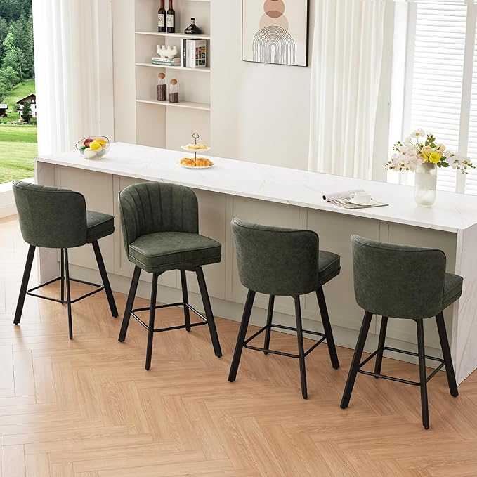 Swivel Counter Height Bar Stools Set of 3, 26'' Modern Barstools with Backs and Metal Legs, Upholstered Bar Chairs, Faux Leather Green Stools for Kitchen Island Chairs
