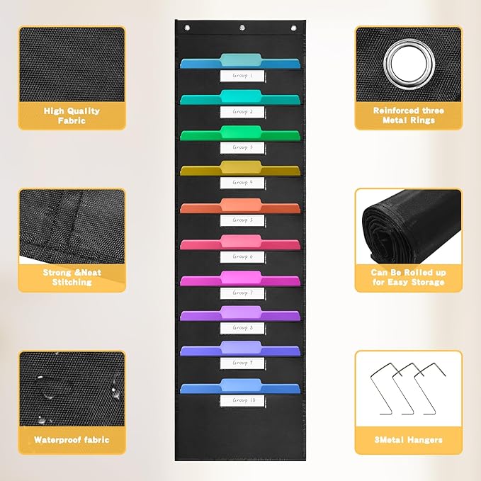 10-Pockets Hanging File Organizer with 3 Over-Door Hangers, Wall Mount Storage Chart with 10 Name Tags for Magazines, Files, Pens in Office & School