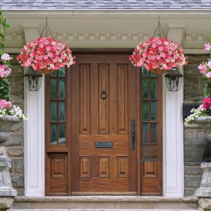 Artificial Hanging Faux Flowers Basket, Fake Silk Petunias Plants Arrangement,for Spring Summer Outdoor Decoration,UV Resistant, Morning Glorias,for Home Garden Decor (Dark Pink&White)