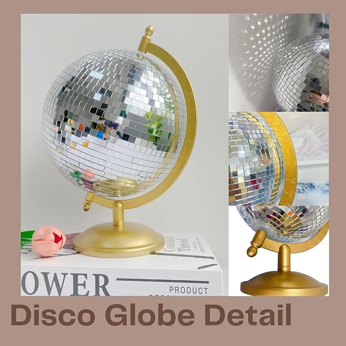 Disco Ball Globe Home Decor Statues Classic Tabletop Art Sculpture with Metal Base Discoball Unique Western Modern Decorative Aesthetic Sculptures, 8.5" x 8" x 12", Bright Gold