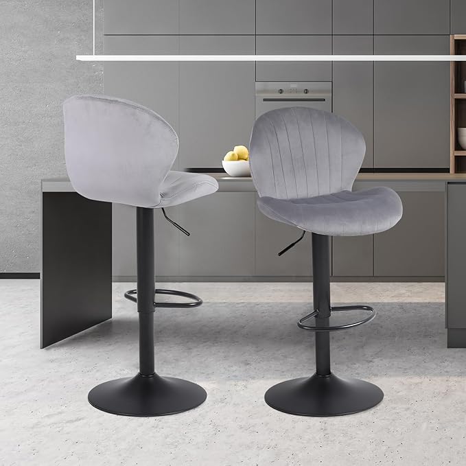 Modern Bar Stools Set of 2, Velvet Height Adjustable Swivel Barstools, Armless Kitchen Island Counter Chairs with Back & Footrest, Grey