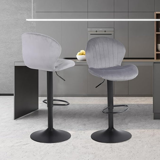 Modern Bar Stools Set of 2, Velvet Height Adjustable Swivel Barstools, Armless Kitchen Island Counter Chairs with Back & Footrest, Grey