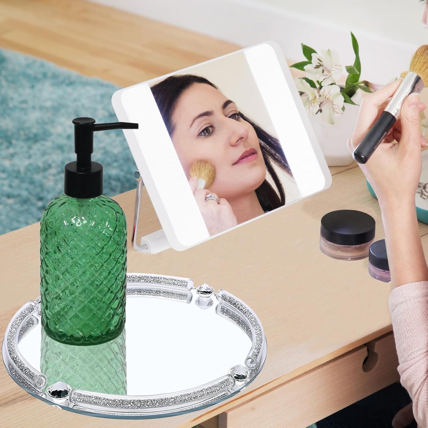 Green Glass Soap Dispenser with Black Pump, 13.5oz Liquid Hand Soap Dispenser Set, Dish Soap Lotion Dispenser for Modern Home Decor, Bathroom, Kitchen Countertop, Hotel(2 Pack)