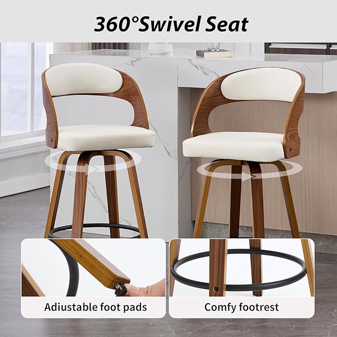 Swivel Bar Stools Set of 2, Walnut Counter Height Bar Stools with Back and Arms, 26" Modern Faux Leather Upholstered Bar Chairs with Bentwood Frame for Kitchen Island Bar - White