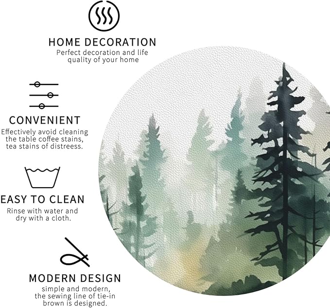 Forest Pine Trees Coasters Set of 6 Coasters for Drinks Absorbent Double-Sided Leather PVC Coaster for Tabletop Protection Coffee Table Decor Ideal for Home Decor House Warming Gifts