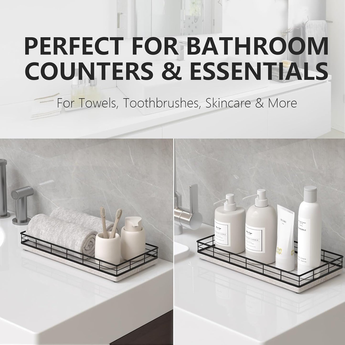 Toilet Paper Basket Organizer – Ash Wood Toilet Tank Tray with Metal Frame, Back of Tank or Top Bathroom Counter Storage – Black & Farmhouse White Modern Decor