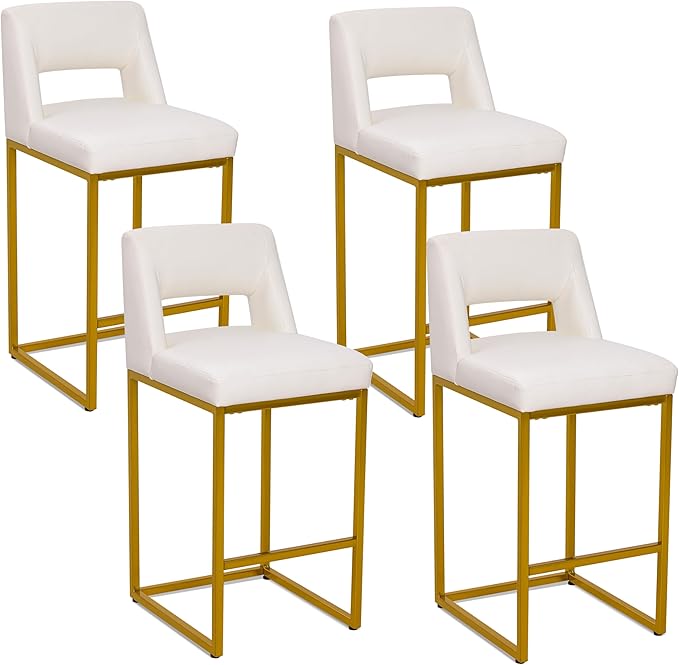 White and Gold Counter Height Bar Stools Set of 4 for Kitchen Counter Modern Bar Chairs with Backs for Kitchen Island with Upholstered Faux Leather Seat and Metal Frame, 26 Inch