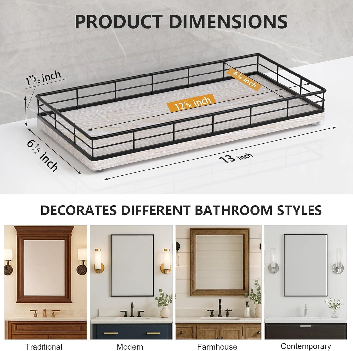 Toilet Paper Basket Organizer – Ash Wood Toilet Tank Tray with Metal Frame, Back of Tank or Top Bathroom Counter Storage – Black & Farmhouse White Modern Decor