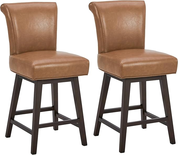 CHITA 26 Inch Counter Height Swivel Bar Stools Set of 2, FSC Certified Modern Upholstered Faux Leather Swivel Barstool Chair with Back, Saddle Brown